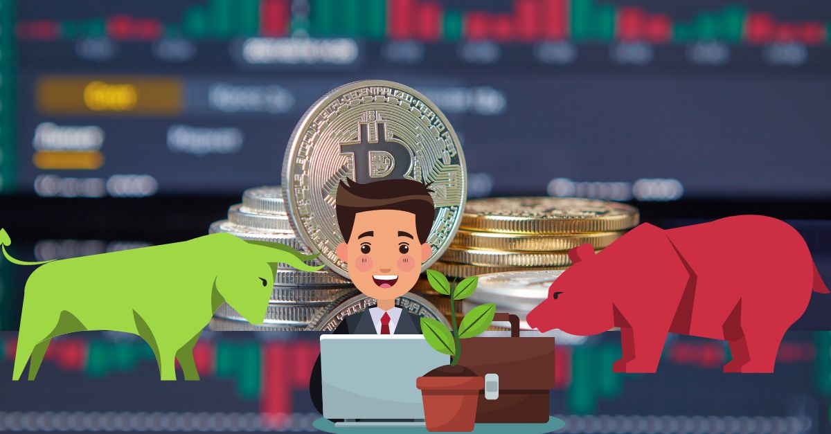 a man with a laptop with cryptocurrency, bear and bull in the background