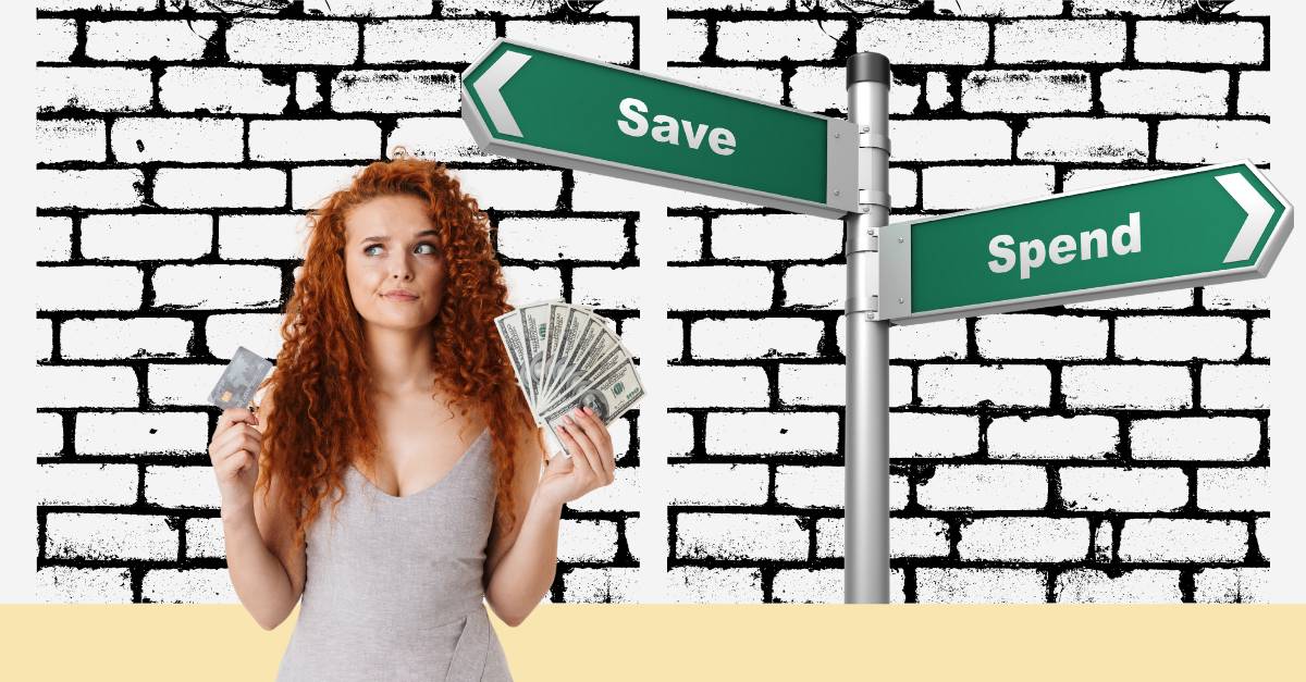 woman holding money and credit card standing next to a sign that says save and spend