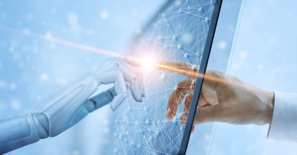 image of a robot and human aligning their index fingers with a screen in between