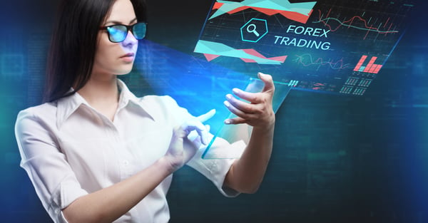 Femail holding a phone with the virtual screen displaying Forex Trading